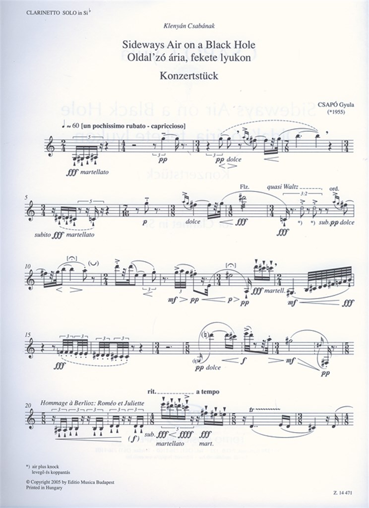Sideways Air on a Black Hole for Clarinet in Sib